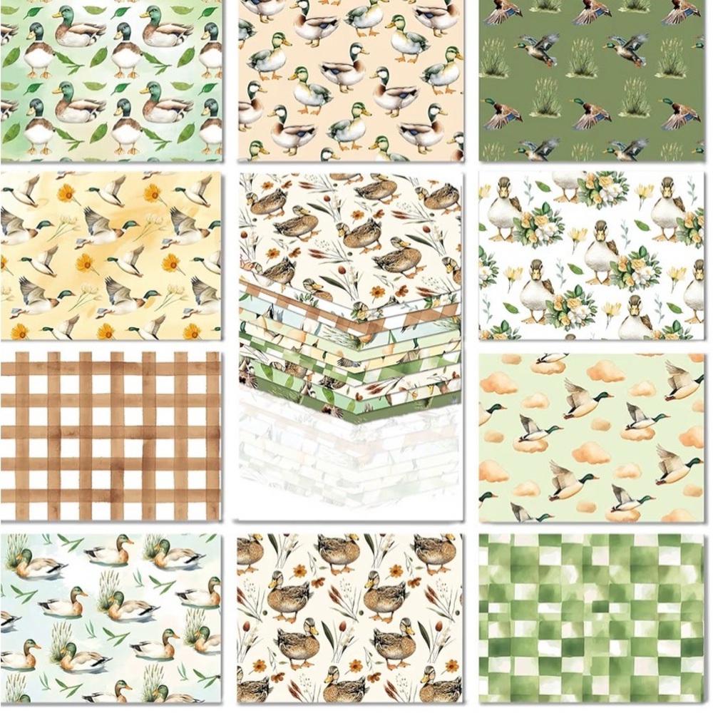 Duck & Waterfowl Pattern Fabric Bundle in Green, Cream & Tan 10 Fat Quarters